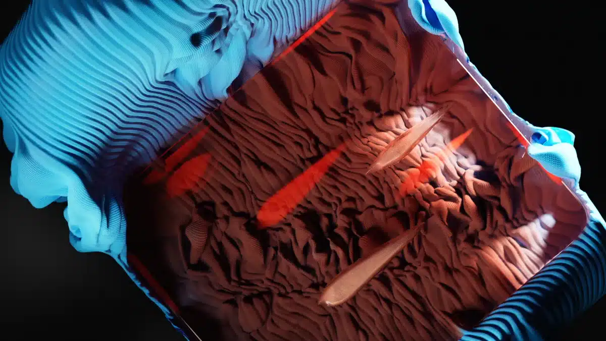 Efectos visuales digitales mostrando anatomía humana con transparencia y esqueleto visible